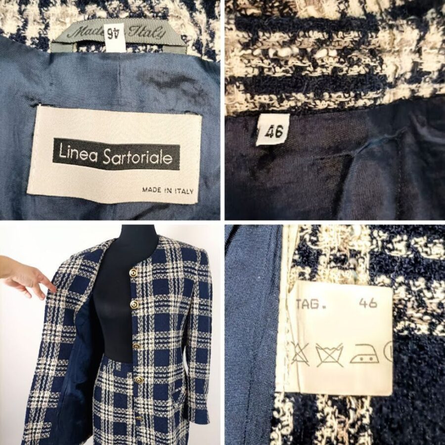 Tailleur tartan blu vintage con bottoni gioiello - immagine 8