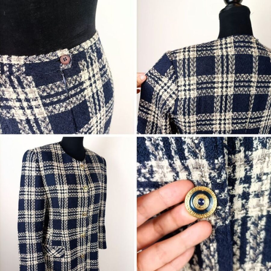 Tailleur tartan blu vintage con bottoni gioiello - immagine 7