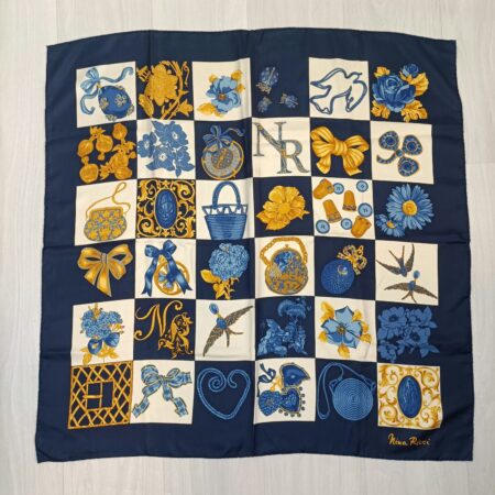 foulard Nina Ricci vintage anni 90 in seta blu e oro