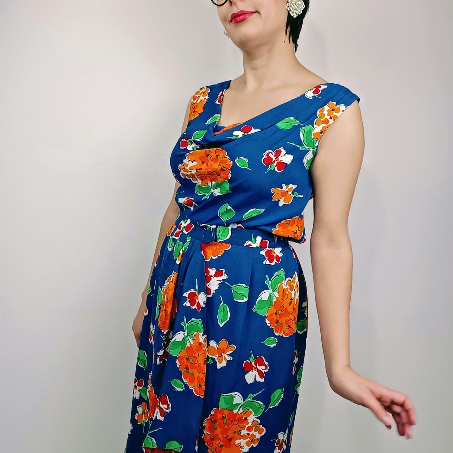 YSL 80s completo in seta blu a fiori da sfilata 1984 - immagine 4