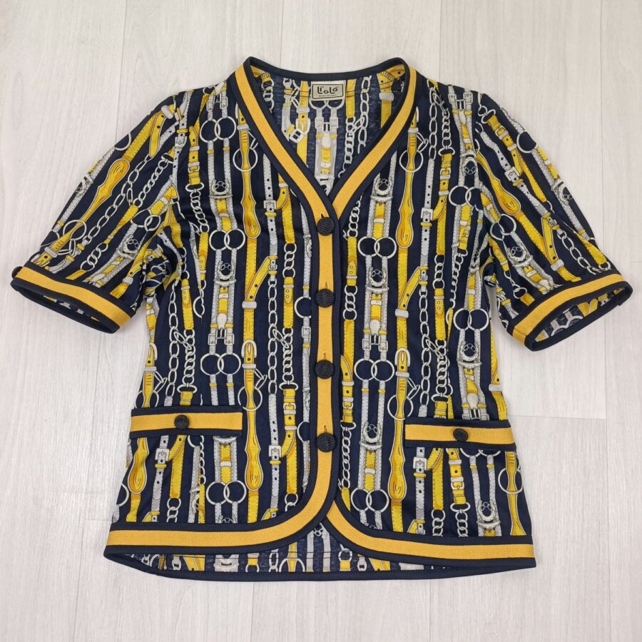 Blusa Liola blu e oro con fantasia di nastri