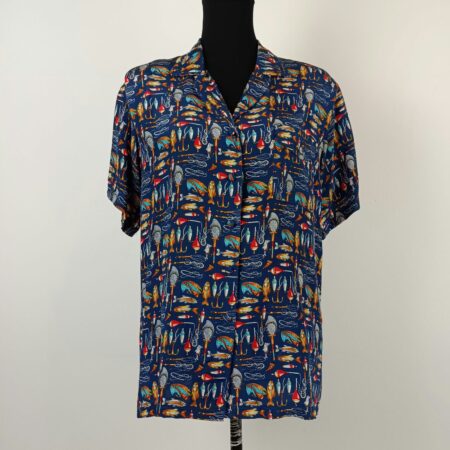 Camicia con ancore e pesci da donna in seta vintage 80s