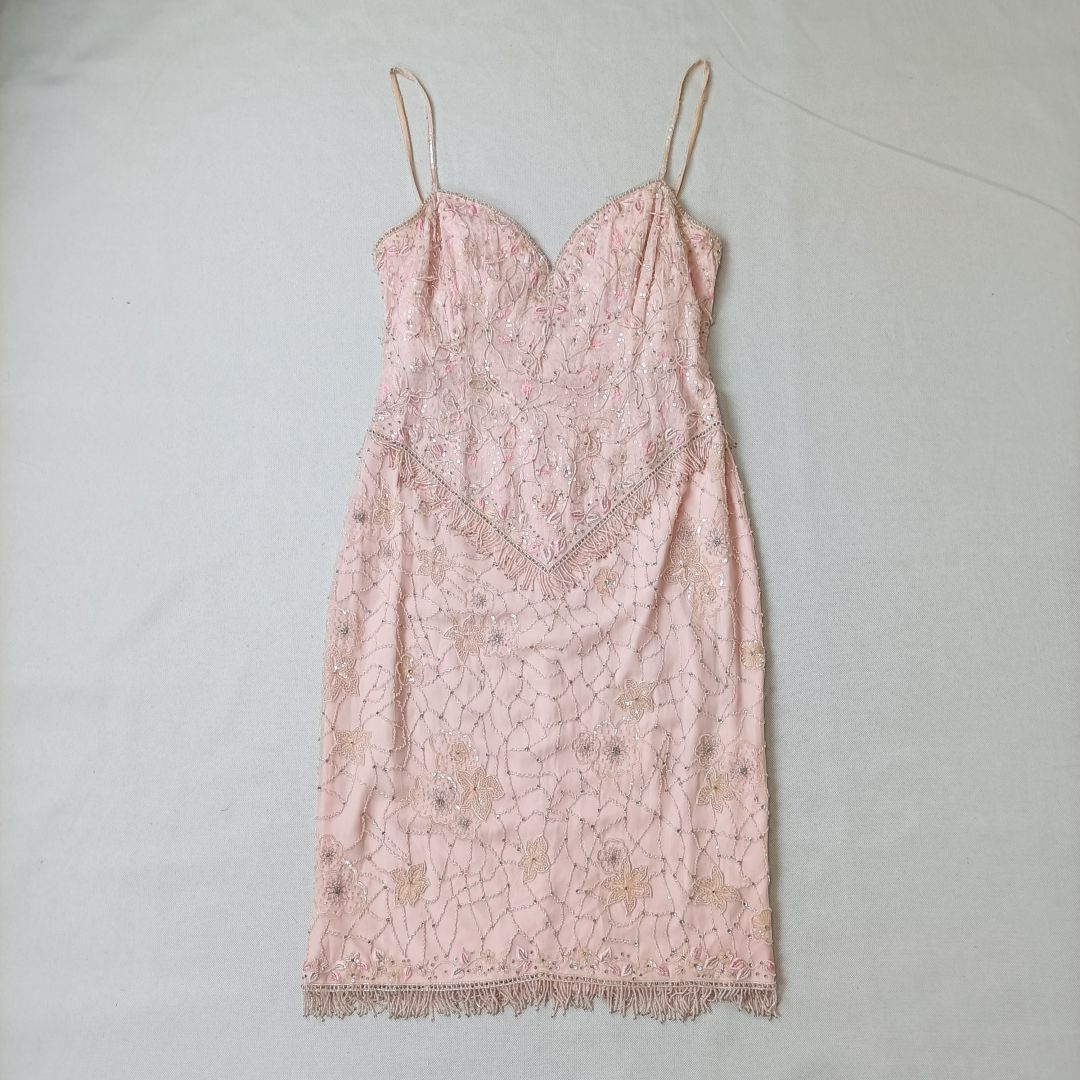 Vestito stile flapper in seta rosa con perline Escada