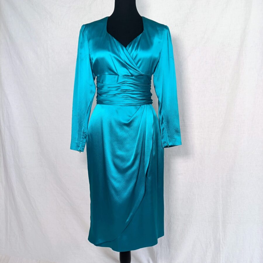 Abito elegante turchese da cerimonia Donald Campbell 1980s