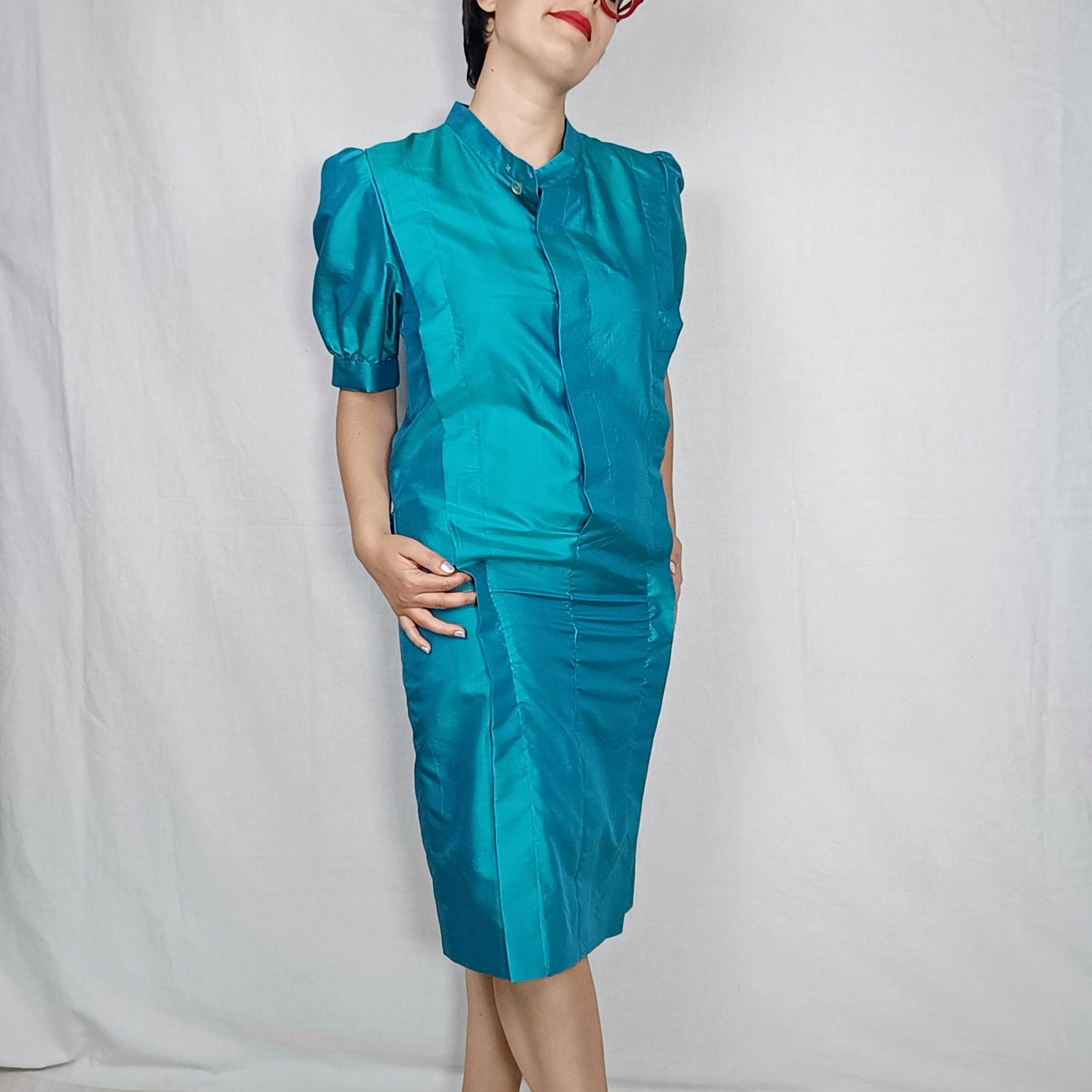 Vestito turchese in seta vintage anni '70