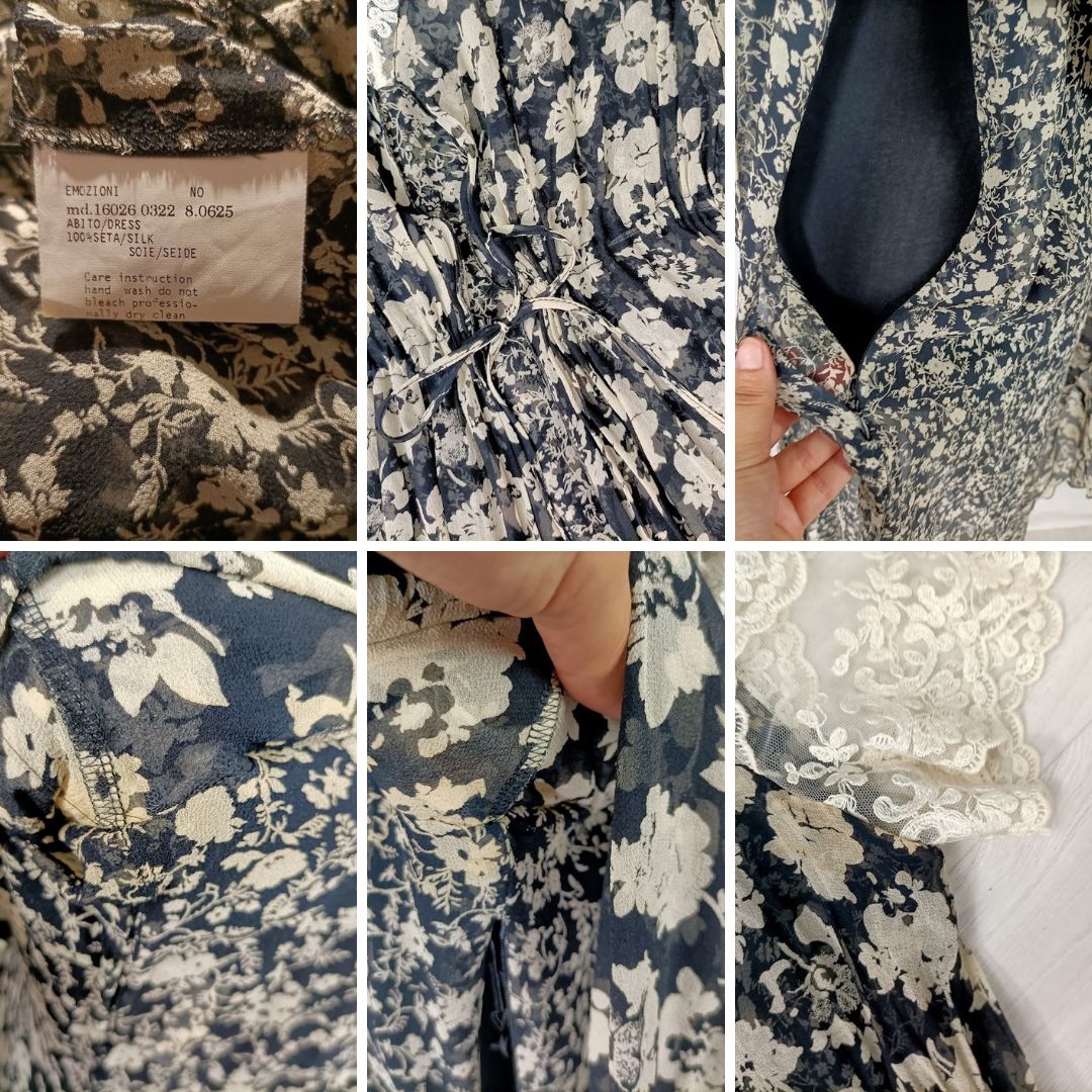 Abito vintage in seta bianco e nero a fiori - immagine 7