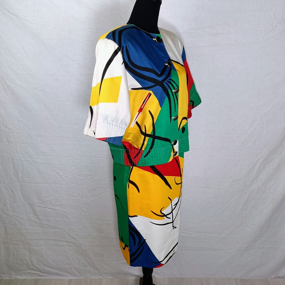 Louis Feraud completo gonna 1980s con fantasia multicolore astratta