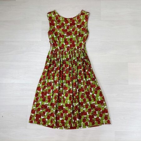 Vestito anni '50 in cotone con fantasia verde e marrone