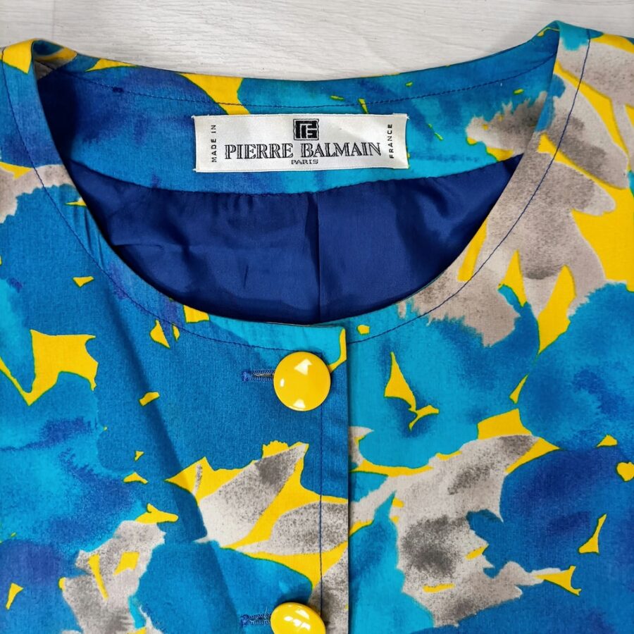 Pierre Balmain camicetta gialla e blu con fantasia astratta di fiori