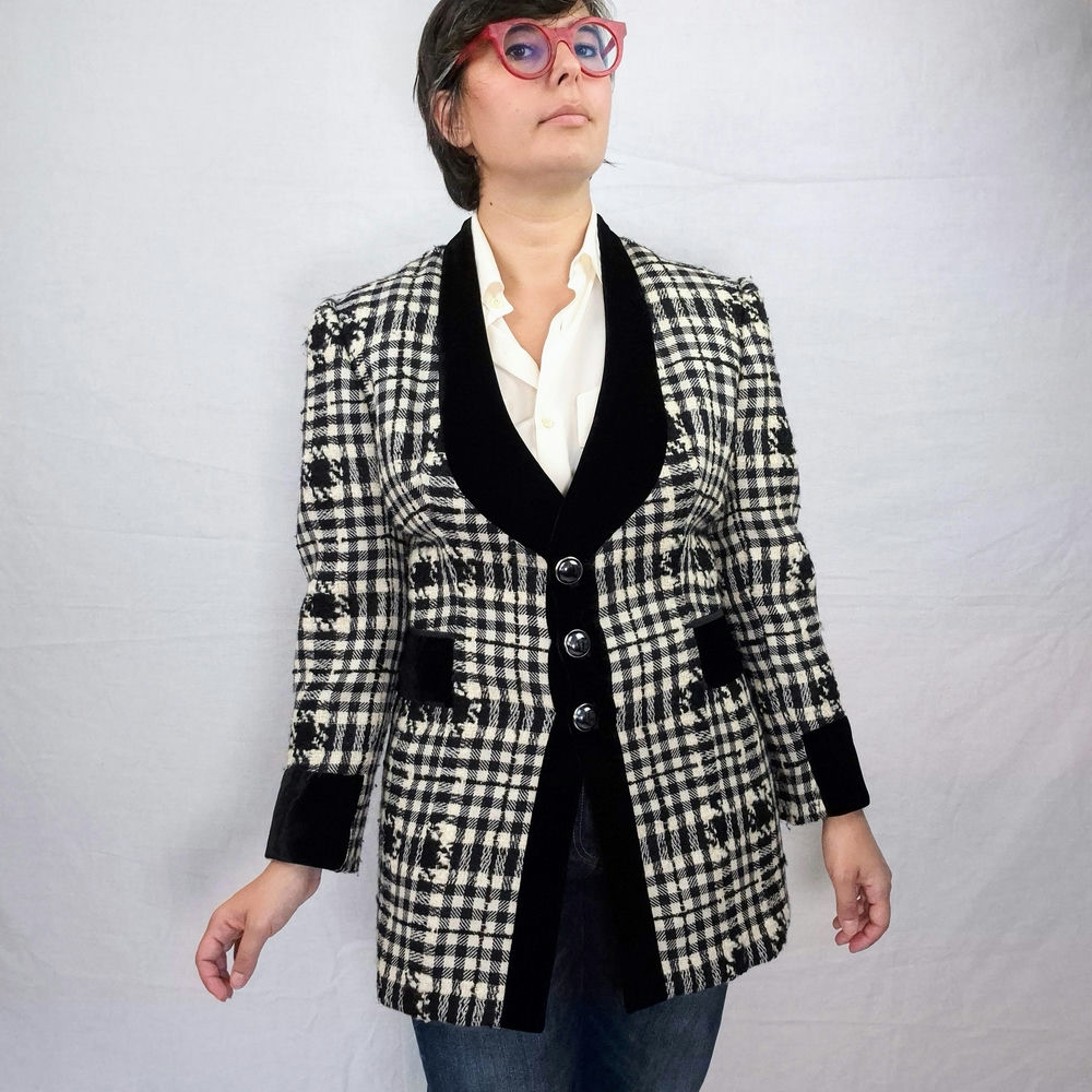 giacca bianca nera tartan